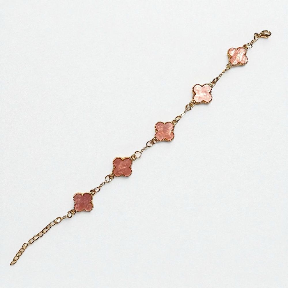 Designer Inspired Elegant Pink Clover Gold Tone Bracelet